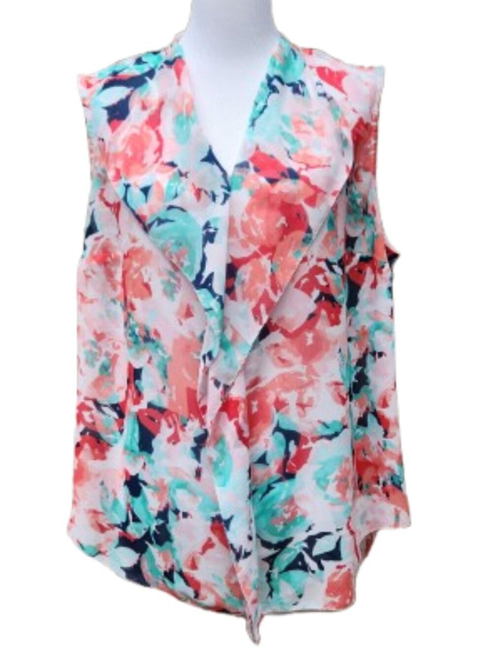 Liz Claiborne Plus Sleeveless Chiffon Blouse Ruffle Multicolor Abstract Floral